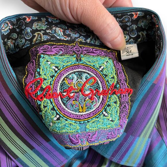 Robert Graham Purple and Teal Button Down With Embroidered Cuffs Men's Size XL - Picture 7 of 8